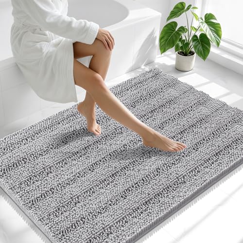 Image of Smiry Thick Chenille Large Bathroom Rugs 47x32, Extra Soft Absorbent Striped Bath Mat, Machine Washable, Rubber Backing, Bath Rugs for Bathroom, Tub & Shower, Home Decor Accessories, Grey