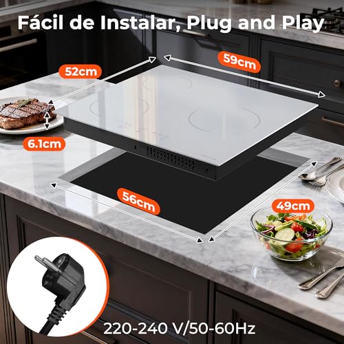 Miniatura 7 de Karinear Placa Inducción 3 Fuegos Blanco, Integrada 3 Zonas 60 Cm, Función Boost, Manejo Táctil, 9 Niveles De Potencia, Bloqueo De Seguridad, Temporizador, 220v 240v, 3500 W, Con Enchufe