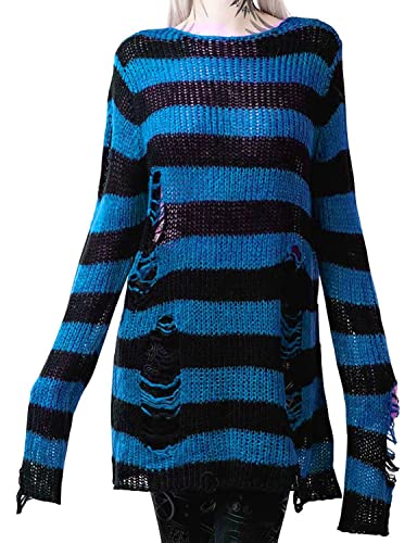 Women's Punk Gothic Sweater See Through Hole Ripped Striped Long Knit Pullover Dress Sweaters Shirt Black Blue Oversize OneSize