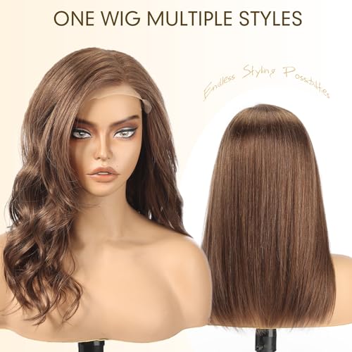 Image of KKU 100% Human Hair Wigs for Women,Real Human Hair Wigs,Side Swept Bangs Lace Front Wig(16 Inch,Chestnut Brown)