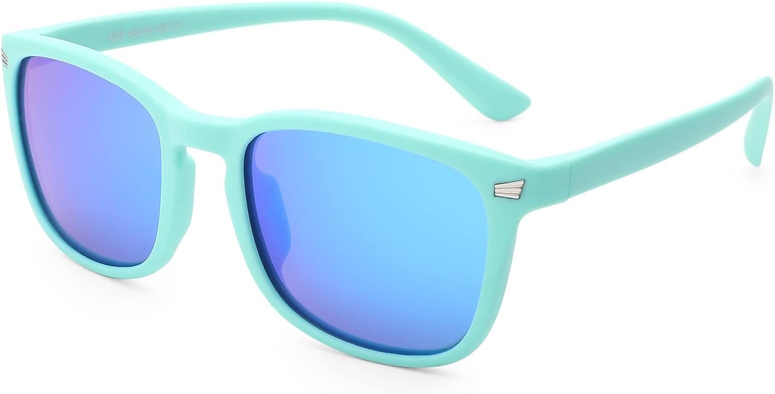 COASIONPolarized Kids Sunglasses UV 400 Protection for Girls Boys Classic Retro Style Toddler Shades Age 3-12, A2 Matte Blue / Blue Mirrored Lens, Medium