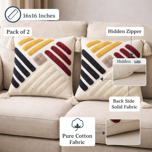 Image of RRC Boho Throw Pillows 16x16 Inch Set of 2 - Soft Mid Century Modern Decorative Pillow Covers, Aesthetic Cushion Cases for Couch, Sofa, Bed & Bedroom Decor (Brown, 16X16(Inches))