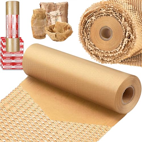 HOOPLE Honeycomb Packing Paper, Packing Paper for Moving, Alternative Bubble Cushion Wrap, Biodegradable Moving Supplies Bubble Packing Wrap Protective Roll With 30 Fragile Stickers. (khaki 15