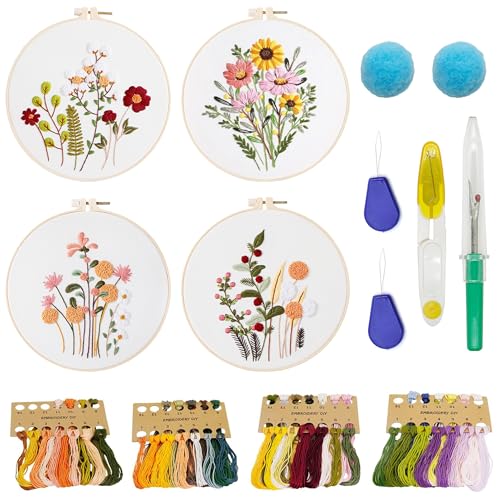 Image of Allazone Flower Embroidery Kit for Beginners, 4 Pack Cross Stitch Kits Needlepoint Kits for Adults with Pattern, Embroidery Hoop Cloth Thread