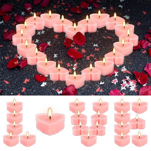 50-Pack Pink Heart Tea Wax (4-Hour Burn) - Rose-Scented Candles for Valentines Day Anniversaries Weeding Pool Parties & Romantic Decor & Special Occasions.