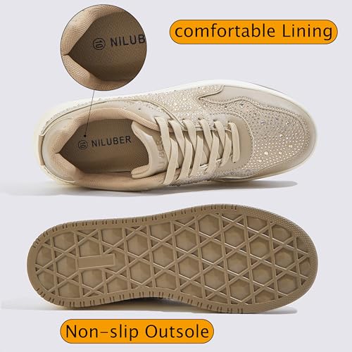Niluber Women's Sparkle Rhinestone Chunky Sneakers White Leather Platform Tennis Shoes Lace Up Casual Walking Shoes (White, 6)4