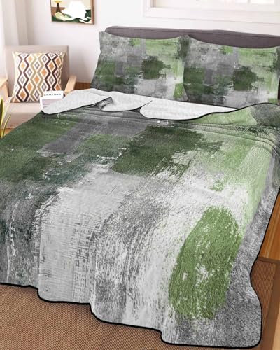3-Piece Summer Quilt Twin XL Size,Sage Green Grey Lightweight Cooling Bedding Comforter Blanket with 2 Pillow Shams,Modern Oil Painted Abstract Art Aesthetics Bedspreads Quilted Coverlet Sets 68