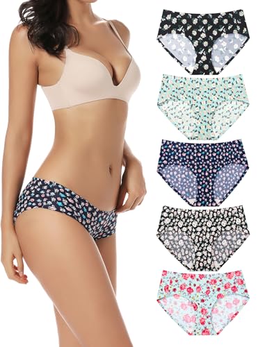 Image of voenxe Women Seamless Hipster Underwear,No Show Ladies Panties Bikini,Full Coverage Breathable Briefs,Comfy,Invisible,5-Pack