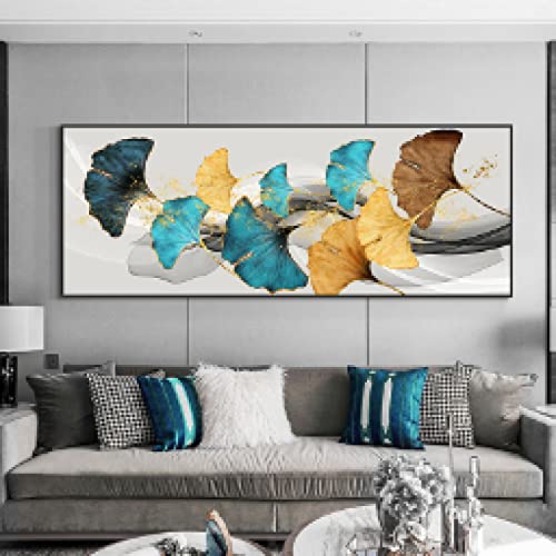Toile feuilles de ginkgo jaune et bleu affiche scandinave geante pour rechauffer un mur blanc