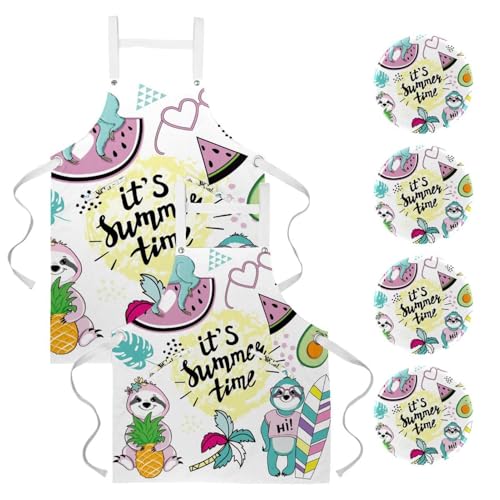 Lot de 2 tabliers de cuisine avec poches motif paresseux rigolo pour pâtisserie et bistrot