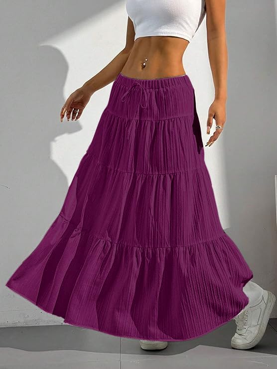 Image of Jawdrobe Women's Georgette Ruffle Hem Long Flared Skirt Lightweight Soft Fabric| High-Waisted Ruffled Maxi Plain and Pleated Skirt