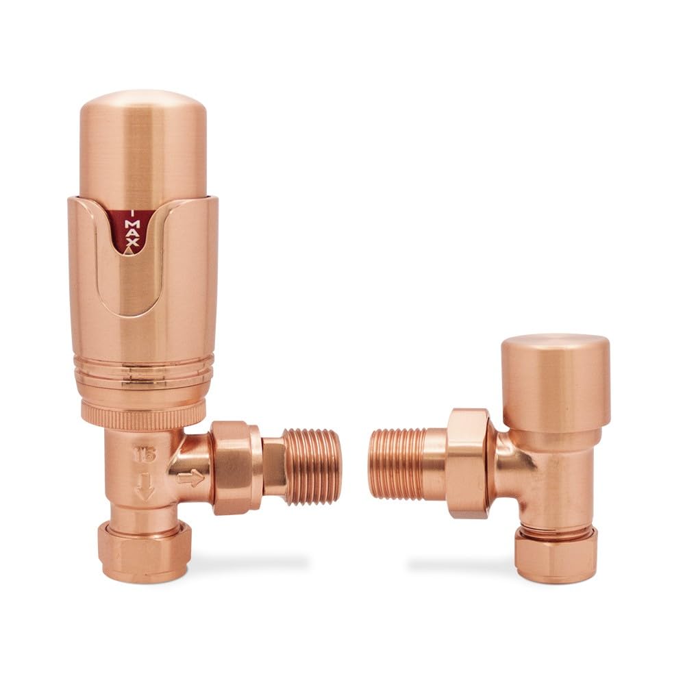 Brushed Copper Angled TRV Thermostatic Radiator Towel Rail Valves