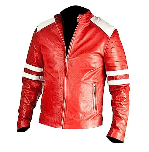 Men’s Stylish Fight Cafe Racer Leather Jacket Club Casual White & Red Stripes Motorcycle Jacket for Men