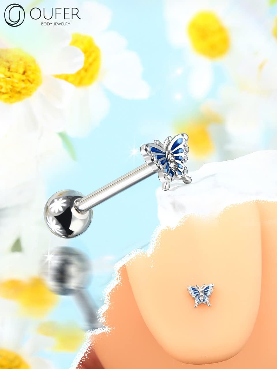 OUFER Tongue Rings, Totally 316L Surgical Steel Tongue Piercing Jewelry, Butterfly 14G Tongue Barbells, Internally Thread Tongue Rings For Women Men - Image 9
