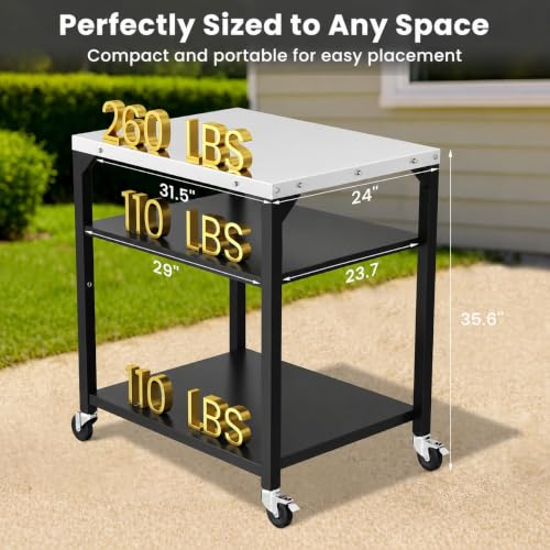 Image of Hisencn 3-Tier Pizza Oven Table, Stainless Steel Outdoor Grill Prep Cart