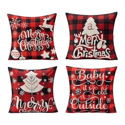 Kissenbezug Weihnachten 45x45 cm, 4er Set Weihnachtskissen Leinen, Schneemann Rentier， Weihnachtskissenbezug Zierkissenbezug für Sofa Couch Bett Christmas Deko Wohnzimmer Winterdeko Innen Außenbereich