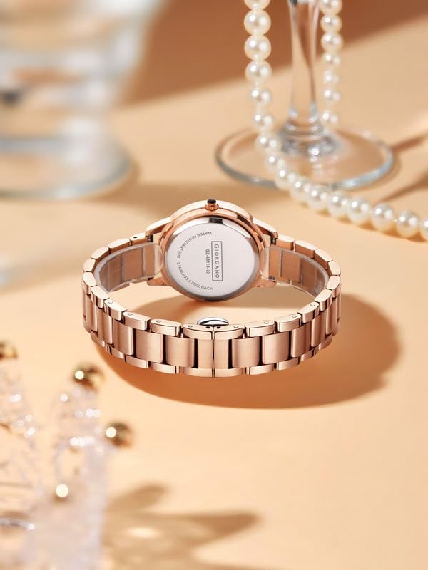 Image of Giordano Analog Watch for Women with Sunray Round Dial, Crystal Studded Bezel, Roman Numerals Markers, Quartz Movement and Rose Gold Stainless Steel Strap - GZ-60118