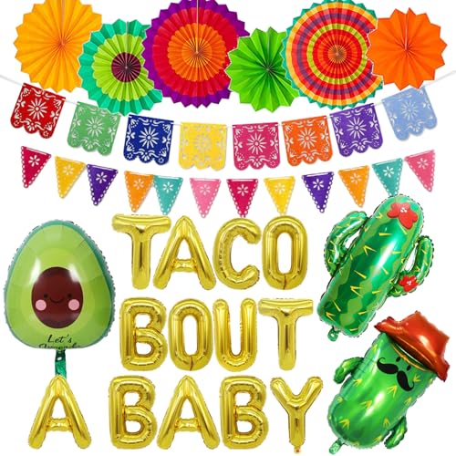26 PCS Taco Bout a Baby Decoration - Fiesta Baby Shower Decorations Include Taco Bout a Baby Balloons Paper Fans Fiesta Banner Cactus Avocado Foil Balloons