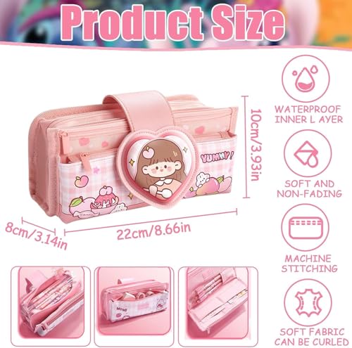 Image of Invite Canvas Kawaii Pencil Case 3 Compartment Cute Aesthetic Pencil Case for Girls Large Capacity Pen Pencil Pouch Multifunctional Stationery Organizer for School Office Kids (Heart shape-Light Pink)