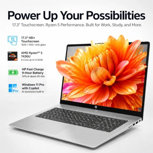 Image of HP 17.3 Touchscreen Business Laptop, AMD Ryzen 5, Backlit Keyboard 16GB RAM | 17.3 inch Anti-Glare HD+ Display, Ryzen 5 7430U (up to 4.3GHz), Copilot, Windows 11 H, Wi-Fi 6, Fast Charge |16GB RAM + 256GB SSD