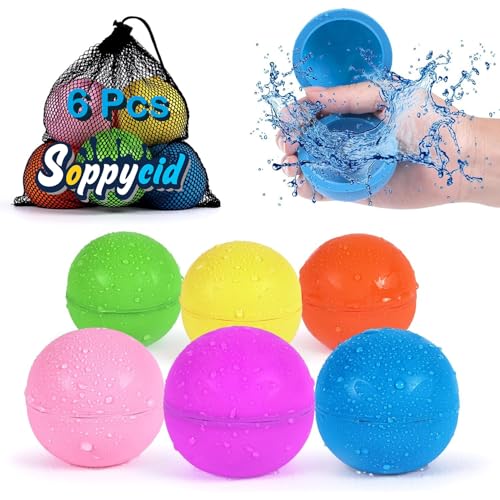 98K Reusable Water Balloons 6Pcs with Mesh Bag, Self Sealing Silicone Ball Latex-Free, No Clean Hassle, Easy to Fill, Summer Toys Water Toy Swimming Pool Beach Park Yard Outdoor Games Party Supplies