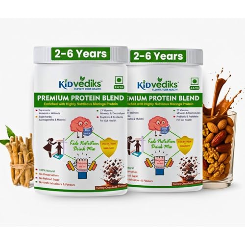 Image of kidvediks Kids Nutrition Drink Mix for 2-6 Years Pack of 2 ( 350g Each) -5 Premium Protein sources+23Vitamins& Minerals ,DHA, Moringa, calcium,zinc| No Refined Sugar, Artificial Flavours or Preservatives|