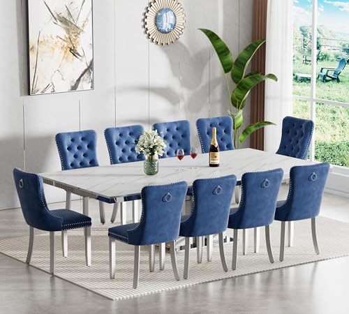 Image of 11-Piece Extendable Dining Table Set for 10, Modern 63 inch-94 inch White Faux Marble Expandable Kitchen Table Set with 10 Velvet Chairs,Large Extendable Dining Room Tables w /Mirrored Columnar Base
