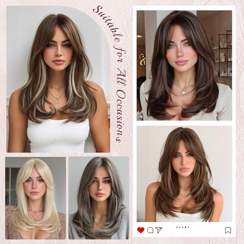 Image of FESHFEN Lace Front Hairline Wigs with Bangs, Synthetic Natural Looking Long Layered Straight Hair Wig for Women Daily Party Costume, 18 inch Ombre Mixed Blonde