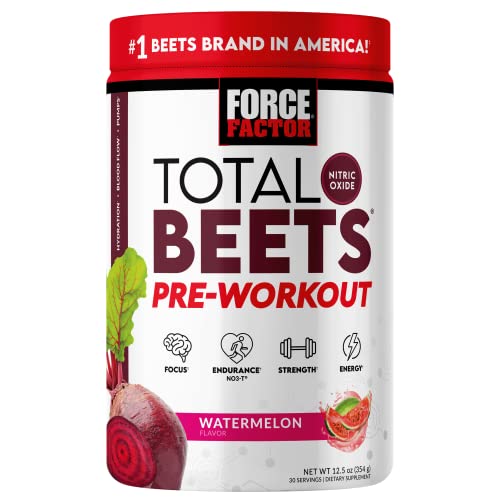 FORCE FACTOR Total Beets Pre-Workout Powder to Boost Energy & Endurance, Increase Strength, and Improve Blood Flow and Pumps, Nitric Oxide Supplement with Beet Root Powder, Watermelon, 30 Se