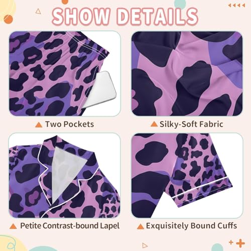 senya Purple Leo Skin Satin Summer Pajama Sets Silk Short Sleeve Button Down Sleepwear3