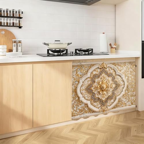 Image of Self Adhesive Luxury Golden Baroque Cabinet Curtain for Mother's Day, 39x28 Inch Victorian Floral Under Sink Skirt No Drill, Spring Cleaning Kitchen Decor, Hook and Loop Valance