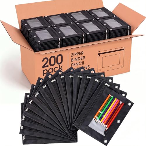 Image of Zhehao 200 Pcs Pencil Pouches for 3 Ring Binder, Bulk Zipper Pencil Pouch Pen Case with Clear Window Cloth Pocket 3 Hole Bag for Storing School Office Supplies (Black)