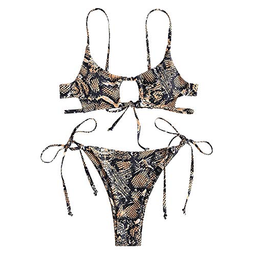 ZAFUL Womens Sexy Spaghetti Strap Hollow Out Braided Ribbed Cutout Bikini Sets (M, Tiger Orange-Snake Print)