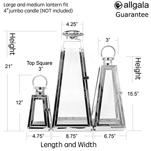 Image of Allgala 3-PC Lantern Set 24 Inch Jumbo Deluxe Modern Indoor /Outdoor Candle Lantern Set Silver Chrome Stainless Steel Tapered Trapezoid Frame with Tempered Glass for Garden Patio Fireplace Wedding
