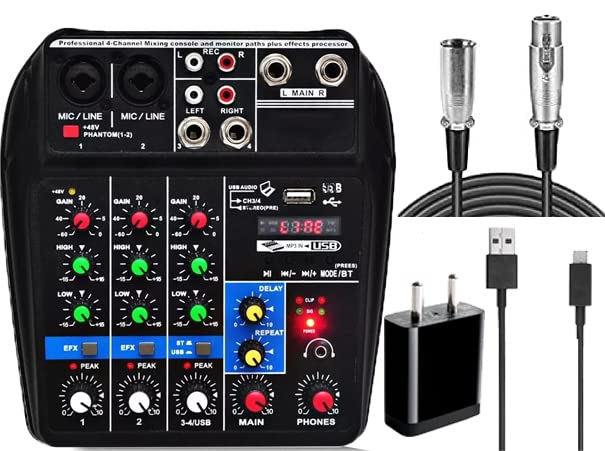 TECHBLAZE 4 channel sound mixer Portable Audio mixer Amplifier Computer Playback 48V Phantom Power DJ mixer Audio Interface Sound card for Recording Singing Home Music Production, Webcast