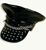 KarnevalsTeufel Rocker-Kappe riesig schwarz Pailletten YMCA Nietenkappe Nietenmütze Biker Punk Gothic Silber Cap Mütze Lack glänzend edel rockig Kopfbedeckung tief-schwarz Silber Kette Style