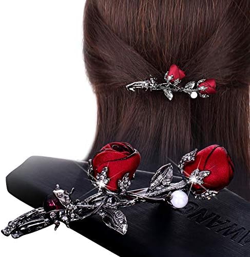 Elegant Rhinestones Rose Flower Metal Hair Clips Hair Barrette Ponytail Holder Slide Clips Hair Jewelry for Wedding,Party (Red)