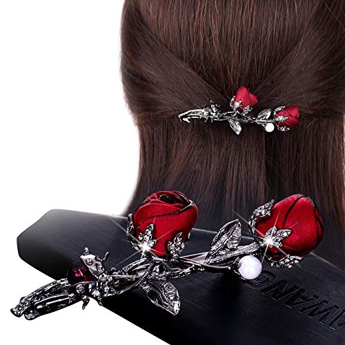 Elegant Rhinestones Rose Flower Metal Hair Clips Hair Barrette Ponytail Holder Slide Clips Hair Jewelry For Wedding,Party (Red) #TOP1