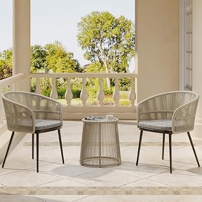 EAST OAK Breezeway 3-Piece Patio Bistro Set, Patio Chairs Bistro Set with 2 Wide Ergonomic Chairs, Cushions & Glass Top Side Table, Outdoor All-Weather Wicker Furniture for Balcony, Brown & Grey