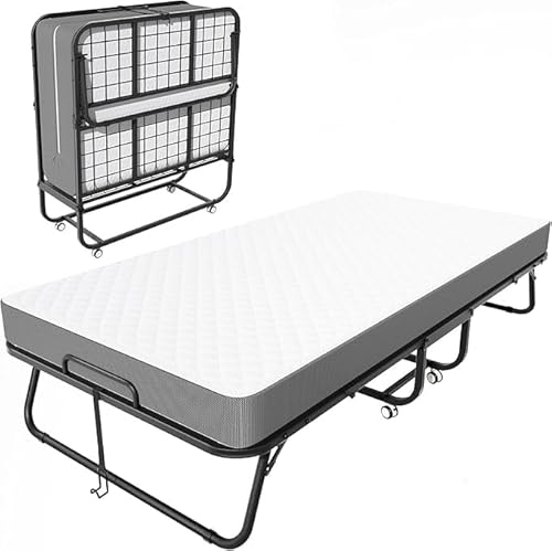 Folding Bed with Mattress Foldable Single Beds Roll Away Beds for Adults Portable Roll Away Guest Bed for Easy Storage Super Strong Frame for Guest Room,Small Apartment (White)