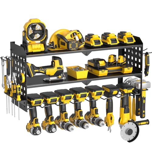 Yeabett 3 Ebenen Werkzeug Wandhalterung, Werkzeugspeicher Aufbewahrung für 7 Elektrowerkzeug, Werkzeug Wandhalterung für Garage, Werkstatt, 64 * 20 * 31cm (Schwarz)