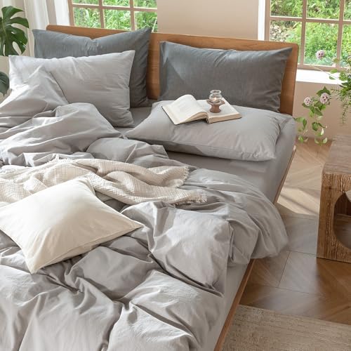 Image of MooMee Duvet Cover Set 100% Washed Cotton Linen Like King | Relaxed Linen-like Texture. Soft, Breathable & Long-lasting Comfort. Lightweight. Hidden Zipper with 8 Interior Corner Ties