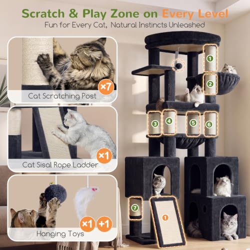 Image of Globlazer Tall Cat Tower for Indoor Adult Cats, 72-inch, S72G, Dark Grey | Heavy Duty Cat Tree House for Big Cats with 2 Extra-Large Padded Platform, 7 Sisal Scratching Posts, 3 Large Condos