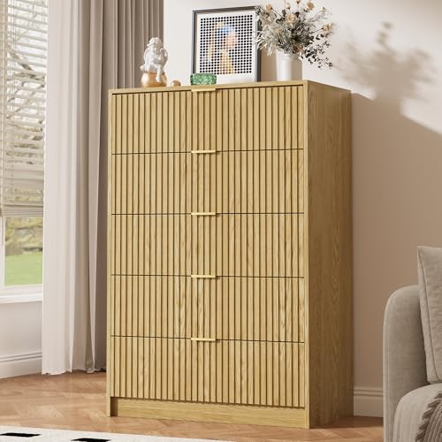 Image of MAISONARIA 47 inch Tall Fluted 5-Drawer Dresser for Bedroom, Natural