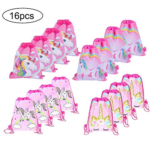 16 Piezas Bolsa de Cumpleaños de Unicornio  Mochila con Cordón para Niños  de Fiesta