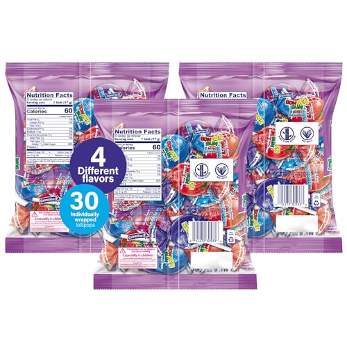 Colombina Bon Bon Bum Lollipops w/Bubble Gum Center, Berry Explosion Mix, Individually Wrapped, Ideal for Party Favors and Gifts, 3 Pack (30 Count)