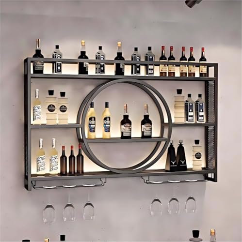 Wall Mounted Wine Rack,3-Tier Metal Bottle Shelf with Glass Holder, Modern Bar Shelves Liquor Bottle Display Shelf Multifunctional Wine Storage Rack for Home Bar (Black, 120cm)