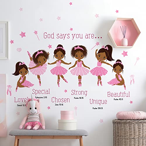 Image of Black Girl Wall Decal African American Ballerina Stickers Religious Positive Saying God Says You are Wall Art Toddler Pink Bedroom Decor