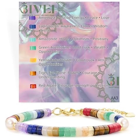 Bivei 7 Chakra Bead Bracelets for Women - Healing Gemstone Pearl Crystal Beads Jewelry for Yoga Meditation, Spiritual Anxiety Relax(Chakra Gemstone - Pearl Gold Chain) Cover