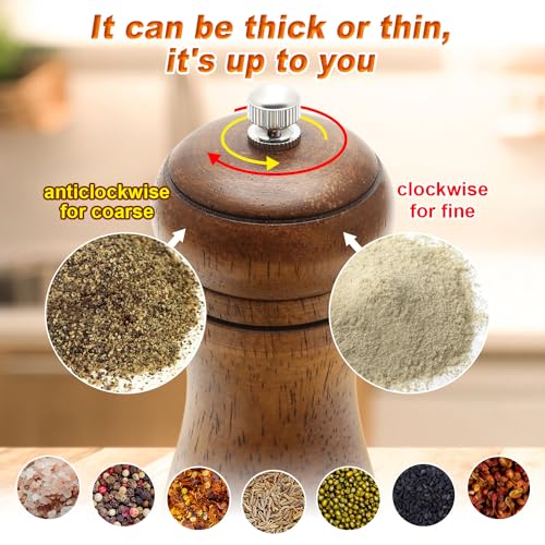 Salt and Pepper Mills Set, 2 Pack Wooden Pepper Mill Grinder Refillable Manual Spice Salt Pepper Grinding Bottle with Adjustable Ceramic Rotor for Kitchen Chili, Cloves, Herbs (14cm/5inch) - Image 5
